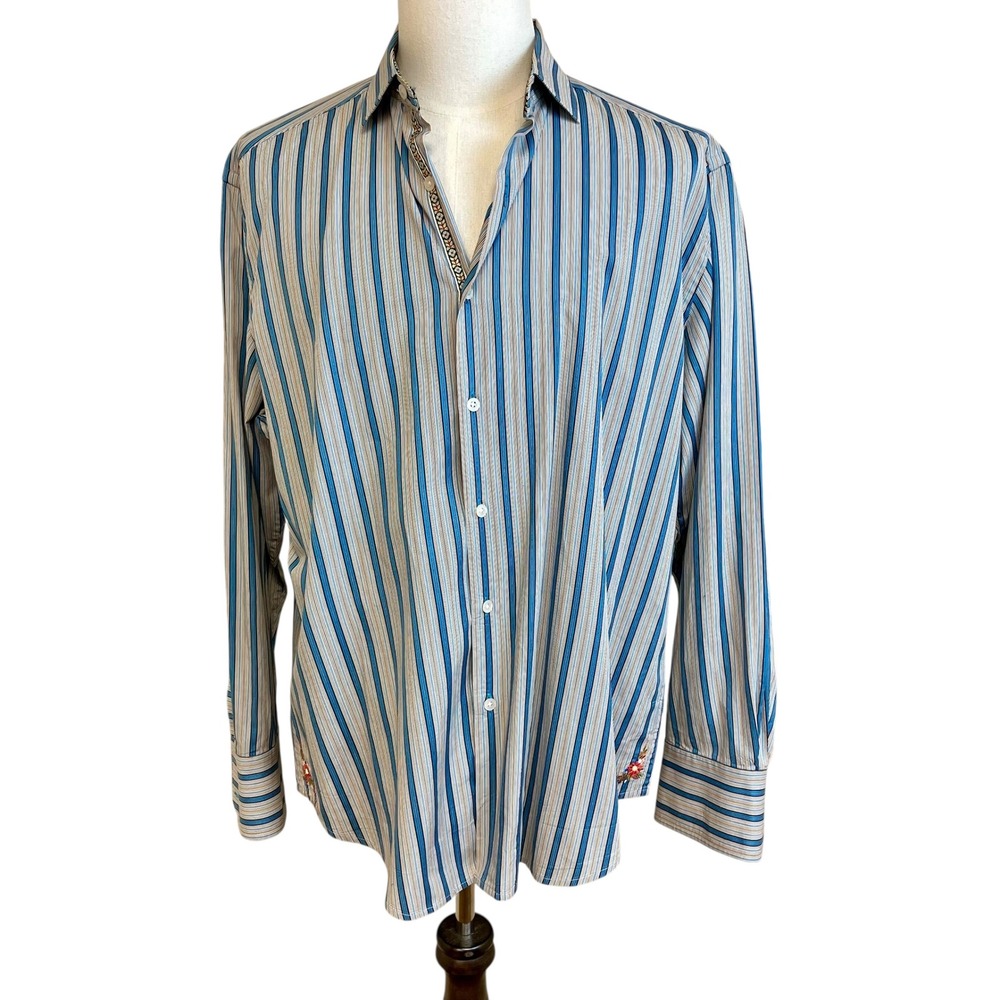 ROBERT GRAHAM Long Sleeve Button Down Striped Mens Shirt XL Silk Fold Back Cuffs - Picture 2 of 14